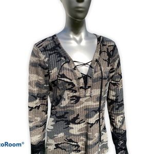 Venus Camouflage Long Sleeve Tee Lace Up Top